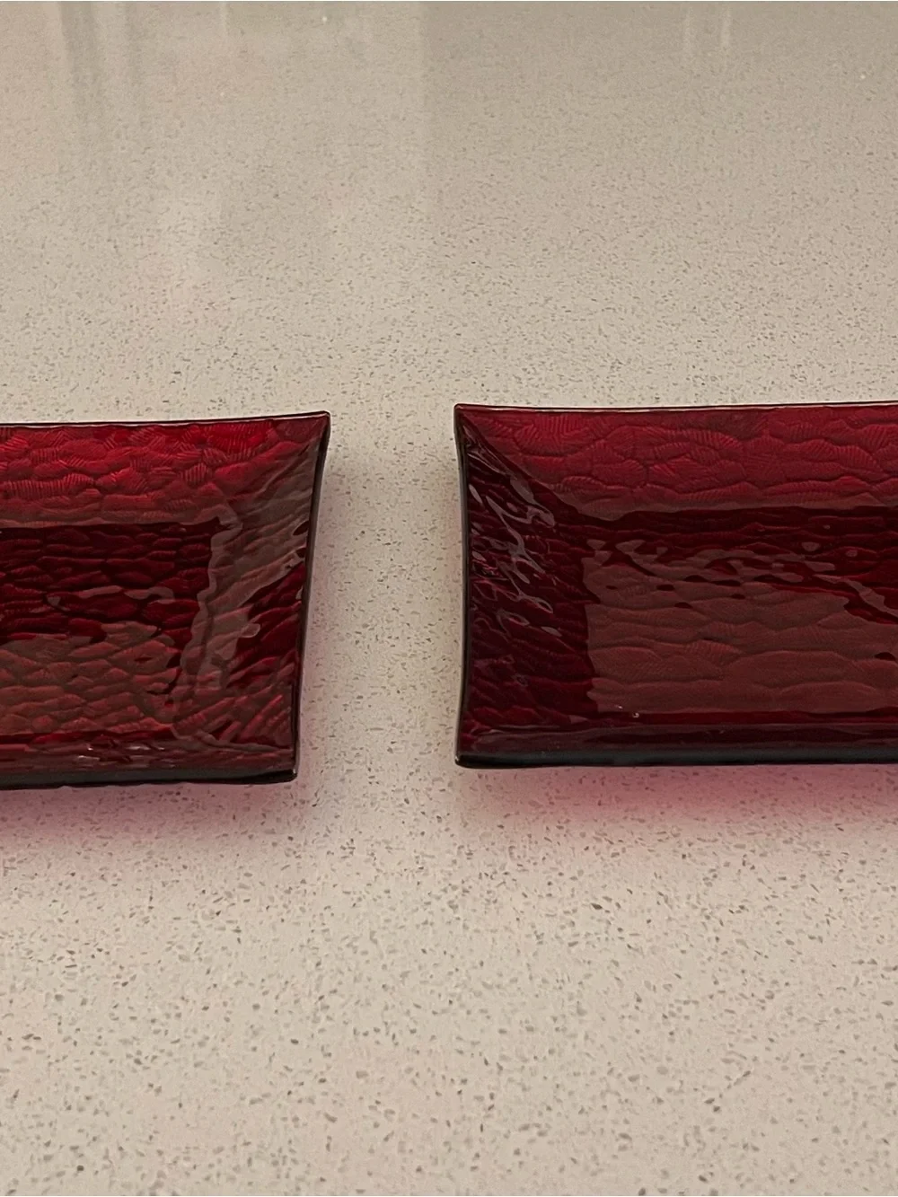 Set of (2) Ruby Red Textured Glass Decorative Plates - Coffee Table Accent Decor